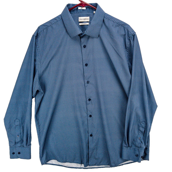 Lucky Brand Button Dress Shirt Mens 17.5 XL Slim Fit Stretch Blue Grid Poly - Picture 1 of 11